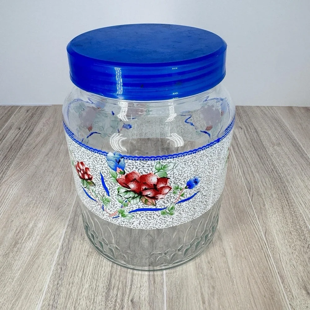 Vintage Glass Canister Jar w Blue Plastic Lid Floral Fruit Decal Kitchen Storage